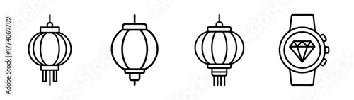 Outline chinese lanterns and diamond watch vector illustration for graphic design projects and crafts