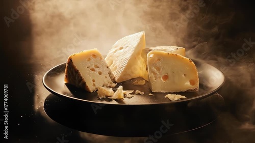 Gourmet cheese arrangement on a sleek plate, a culinary delight with warm, inviting ambiance