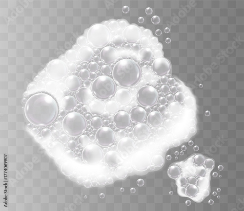 White soapy foam with floating bubbles on transparent background. Realistic vector illustration.