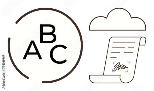 Alphabet letters inside a circle and a digital signature on a document under a cloud. Ideal for education, cloud computing, e-signature, document management, digital communication, minimal design