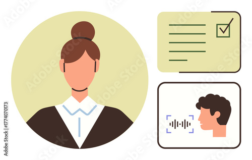 Woman with tied hair in formal attire, checklist with ticked box, man with voice recognition symbol. Ideal for communication, organization, professionalism, task management, technology, digital