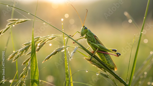 A vibrant green grasshopper perched on a sunlit blade of tall summer grass, its slender body angled alertly, long hind legs folded beneath it, ready to leap