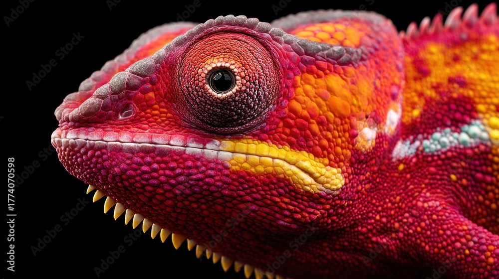 Fototapeta premium Close-up of a vibrant panther chameleon with striking red and orange colors