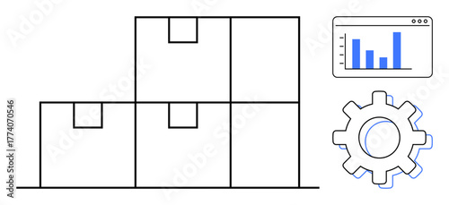 Stacked boxes paired with a gear icon and data chart suggestive of logistics, supply chain management, and data-driven optimization. Ideal for logistics, storage, inventory, automation, supply chain
