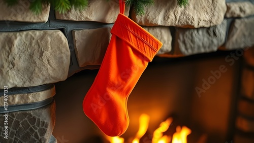 orange christmas stocking hanging near a fireplace