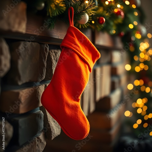 orange christmas stocking hanging near a fireplace