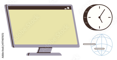 Computer monitor beside clock and globe symbolizing time management, online work, and global communication. Ideal for productivity, digital business, remote work, globalization, project deadlines