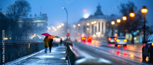 Wallpaper Mural Snow-covered city bridge with people holding umbrellas under streetlights, melancholic tone, blurred background, with copy space Torontodigital.ca