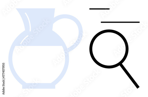 Black magnifying glass examining a translucent water pitcher with liquid content. Ideal for research, analysis, hydration, quality control, clarity, exploration, education. Minimal flat metaphor