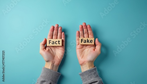 Person holds wooden blocks with words fact and fake. Hands present truth or lie. Concept of choice information validation. Blue background with text decision making concept.