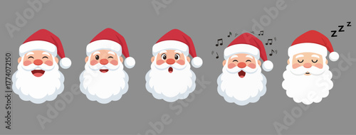 Santa Claus face expressions set isolated on transparent background, or digital creators, product designers, or illustrators who want a joyful Christmas touch in their projects.