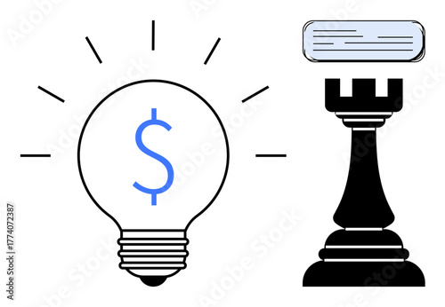 Lightbulb with a dollar sign and rays alongside a chess rook. Ideal for innovation, strategy, finance, leadership, planning, creativity, and problem-solving. Clean simple flat metaphor