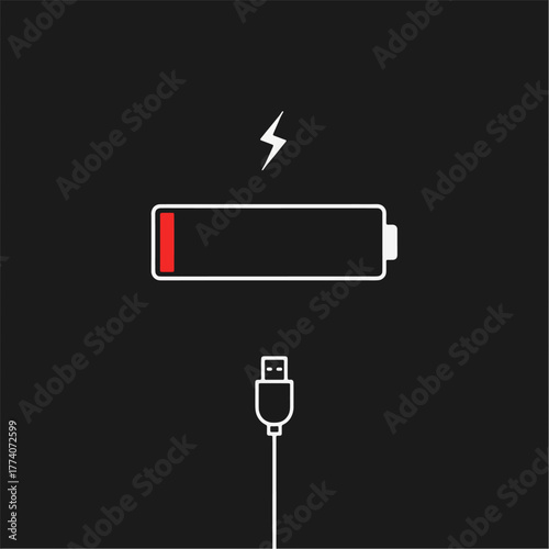 Low battery indicator showing critical power level while charging with a USB cable.