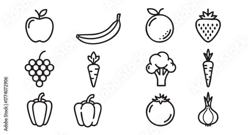 Assortment of fresh fruits and vegetables in minimal outline style