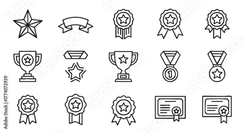 Award symbols in line art style representing success and achievement