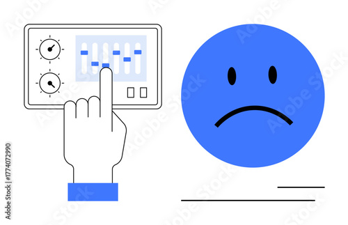 Hand interacting with a control panel, adjusting settings beside a sad face emoticon. Ideal for user feedback, control, emotions, system failure, response, dissatisfaction, simple flat metaphor