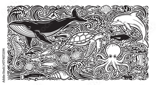 Black and white ocean life drawing featuring whale seahorse and fish