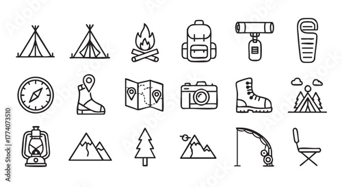 Black outline vector illustration of camping and outdoor adventure elements