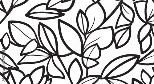 Bold Outlined Floral Pattern with Leaves and Branches in Black and White