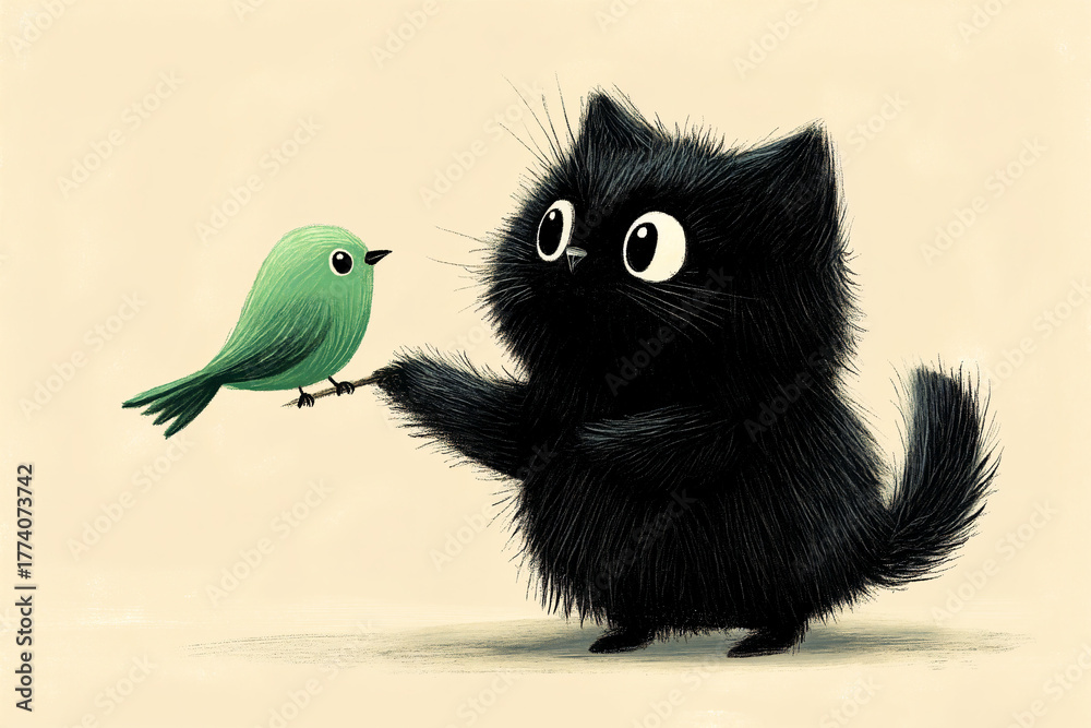 Fototapeta premium Adorable illustration of a fluffy black cat gently holding a small green bird. Concept of friendship, kindness, trust and tenderness. Perfect for children content.