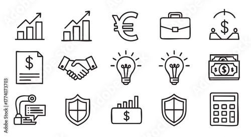 Business and financial icons collection featuring growth charts money handshake security