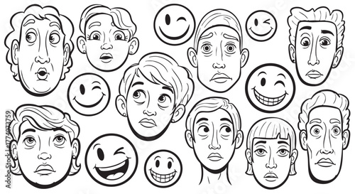 Cartoon faces with different expressions including surprise confusion and winking emojis