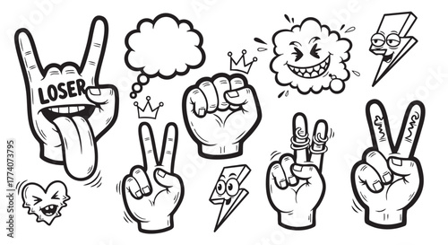 Cartoon hand gestures and symbols in black and white illustration design