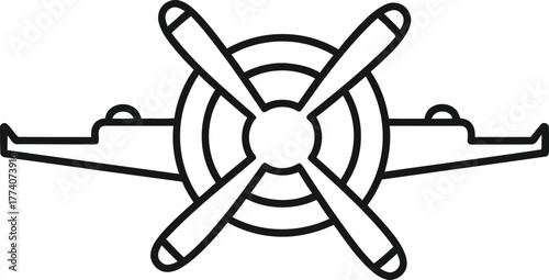 Monochrome line drawing of retro aircraft with spinning propeller vector design