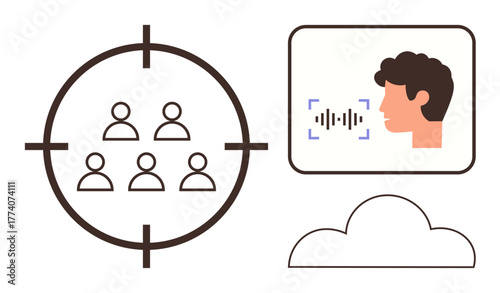 Group target in crosshairs, voice recognition with sound wave, and cloud icon. Ideal for marketing, communication, technology, AI, data storage analytics user engagement. Simple flat metaphor