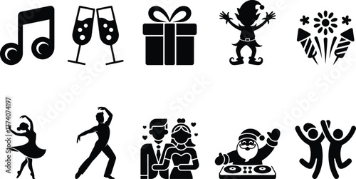 Collection of festive icons: music, celebration, gifts, holidays, dance, and party themes