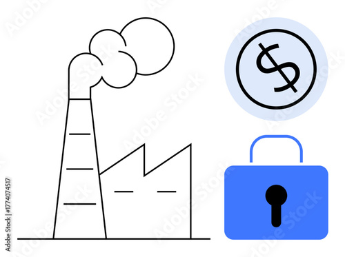 Factory with emissions, dollar coin symbol, blue padlock connecting industrial production, financial security. Ideal for business, economy, industry, environment, finance investment sustainability