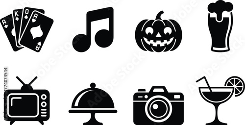 Collection of black icons representing entertainment, celebration, and leisure activities
