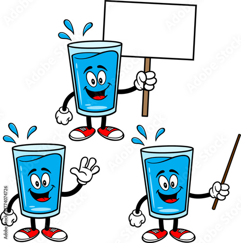 Water Glass Mascot Set 01, Hand Drawn illustrations of Water Glass Mascots in various poses.