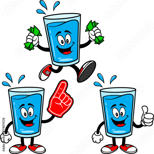 Water Glass Mascot Set 02, Hand Drawn illustrations of Water Glass Mascots in various poses.
