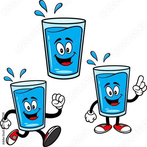 Water Glass Mascot Set 03, Hand Drawn illustrations of Water Glass Mascots in various poses.
