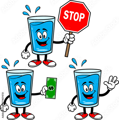 Water Glass Mascot Set 04, Hand Drawn illustrations of Water Glass Mascots in various poses.