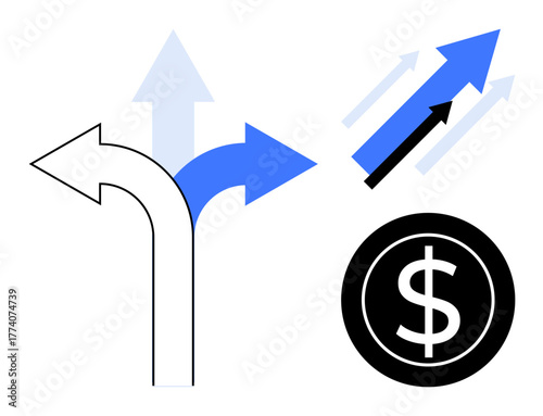Curved arrows signify choices and direction, upward arrows represent growth, and a dollar coin symbolizes financial goals. Ideal for finance, progress, strategy, decision-making, investment, growth