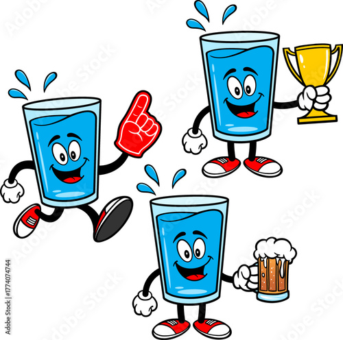 Water Glass Mascot Set 05, Hand Drawn illustrations of Water Glass Mascots in various poses.