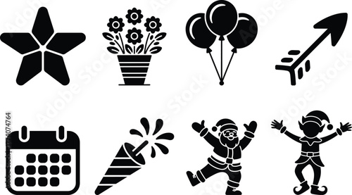 Collection of festive and decorative icons: star, flowers, balloons, arrow, calendar, party popper, santa, elf