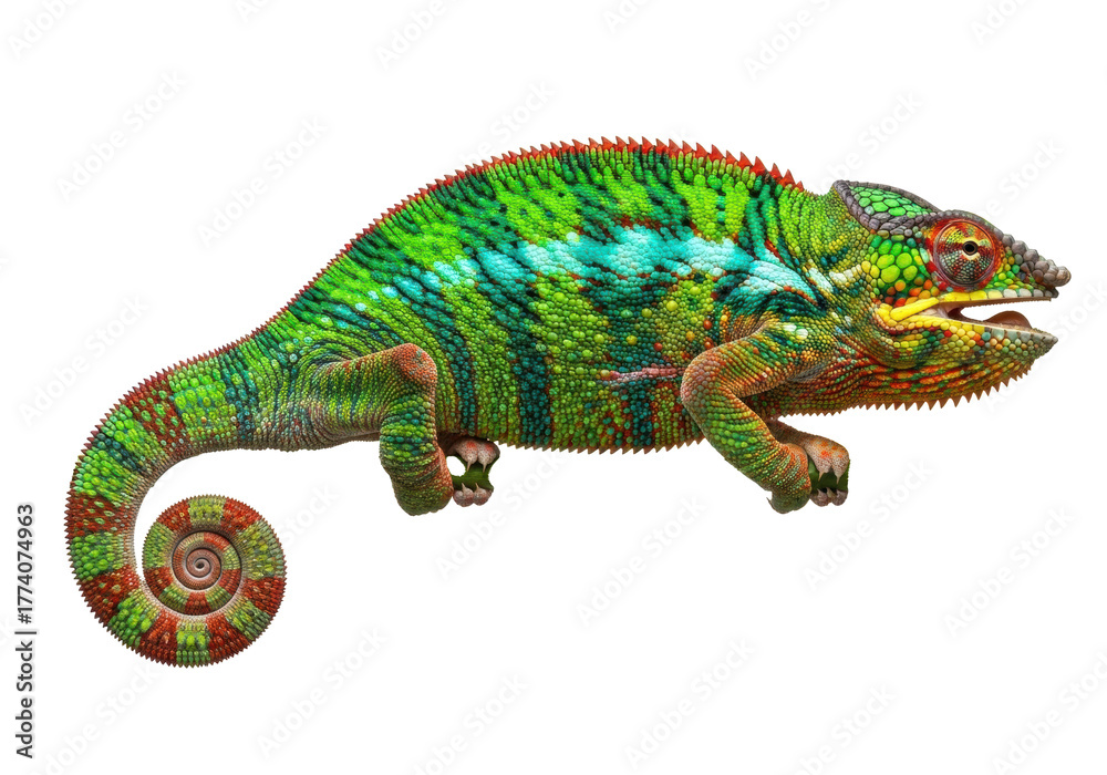 Obraz premium Vibrant Veiled Chameleon with intricate green, red, orange, yellow, blue scales, mouth open, tail curled, on green branch against white studio background, ultra realistic, concept for biological