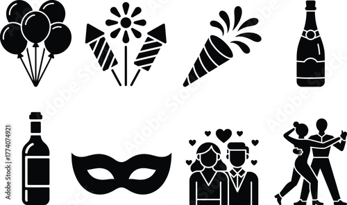 Celebration party icons: balloons, fireworks, champagne, mask, couple dancing and love