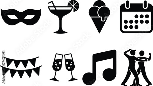 Celebration icons: party mask, cocktail, ice cream, calendar, bunting, champagne, music note, dancers
