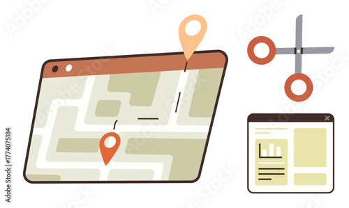 Navigation map with location pins, scissors symbolizing editing, and a web interface window. Ideal for navigation, planning, customization, organization, analytics, workflow simple flat metaphor