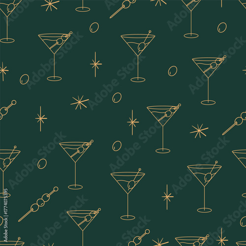 Martini glass cocktail cute hand drawn doodle seamless pattern on dark green. Martini with olives.