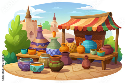 Outdoor craft market with handmade pottery bowls and vases on wooden table