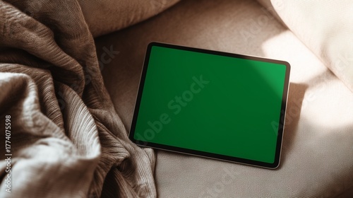 Digital Tablet with Green Screen Display on a Cozy Sofa with Blanket, Mockup ...