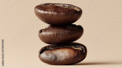 Stack of Three Dark Roasted Coffee Beans on a Neutral Background, Close-up