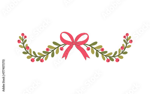 Traditional berry garland vector with classic green leaves and red berries, tied with a vibrant pink bow. Hand-drawn, isolated header element for rustic borders, stationery, and warm holiday accents.