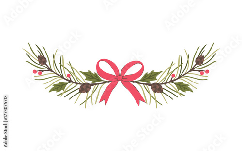 Christmas, garland, vector, isolate, holiday, new year, winter, illustration, design, decor, pine, cone, holly, pink, red, green, traditional, style, element, header, border, hand-drawn, cozy, celebra
