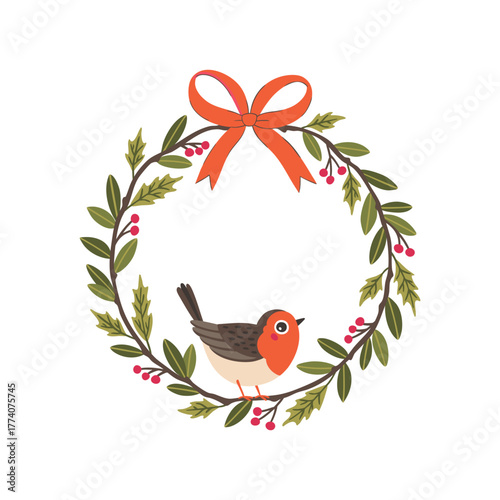Cute Christmas robin bird sitting inside a classic holly wreath with red berries and an orange bow. Hand-drawn festive frame ideal cards, invitations, and traditional holiday decor. Winter wildlife.